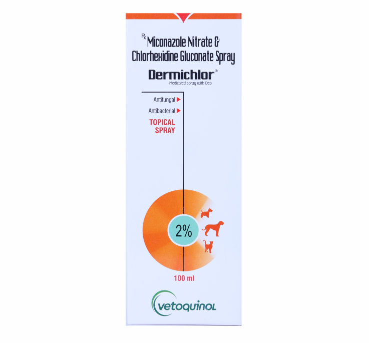 DERMICHLOR SPRAY ANTIBACTERIAL ANTIFUNGAL FOR DOGS AND CATS 100ML FRONT 