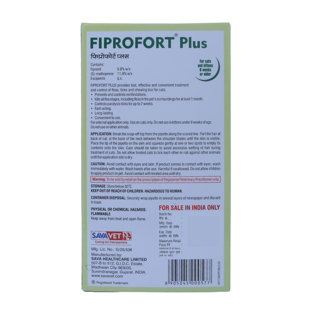 FIPROFORT PLUS TICK & FLEA SPOT ON FOR CAT N KITTENS BACK