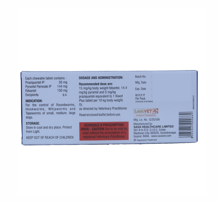 KIWOF PLUS BROAD SPECTRUM DEWORMER FOR DOGS 10 TABLETS BACK