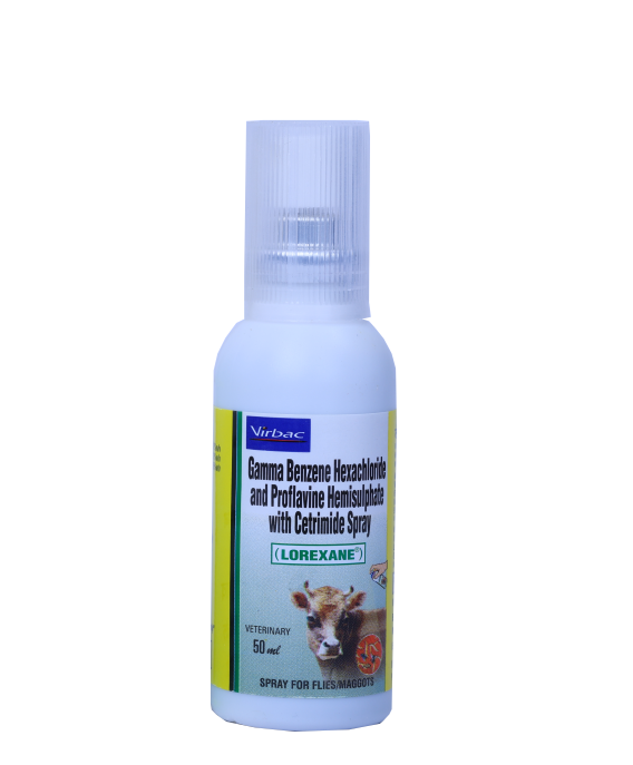 LOREXANE SPRAY FOR LICE AND SCABIES TREATMENT OF CATTLE 50ML FRONT 